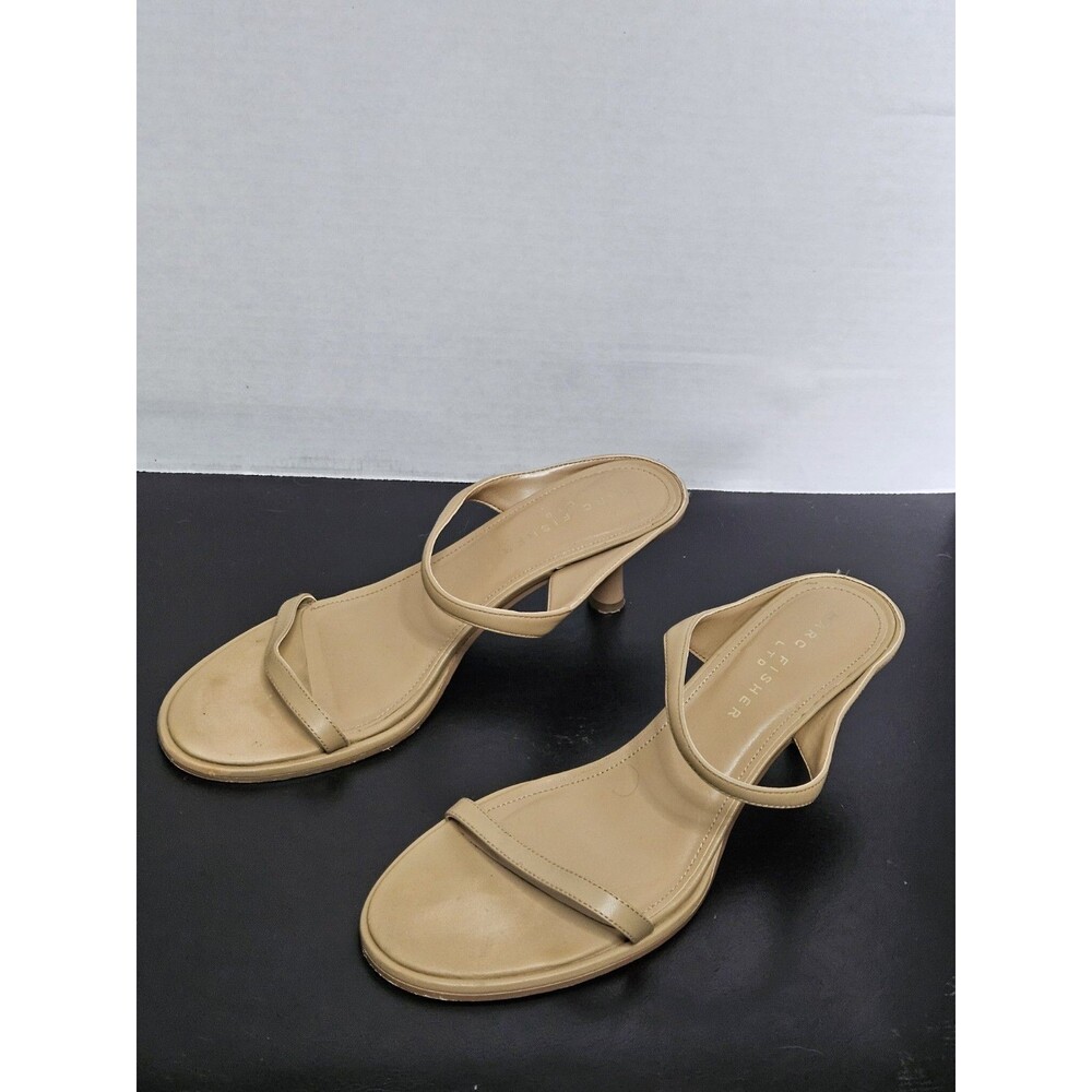 Sz 9.5 - Marc Fisher LTD. Womens Alonde Leather 2" High Heel Slide Sandals Beige